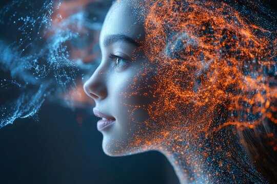 Profile of a young woman with a glowing abstract neural network overlay symbolizing cognitive power deep thinking and the intricate connection between the human mind and digital technology