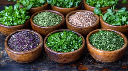 An assortment of fresh herbs and bioproducts, with a focus on their textures and colors in a serene, natural setting