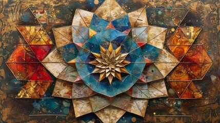 Colorful geometric artwork featuring a lotus flower design and vibrant patterns