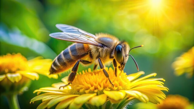 Adorable tiny bee perched on a delicate yellow flower petal, its fuzzy body and bright wings glistening in the warm sunlight, surrounded by lush greenery.