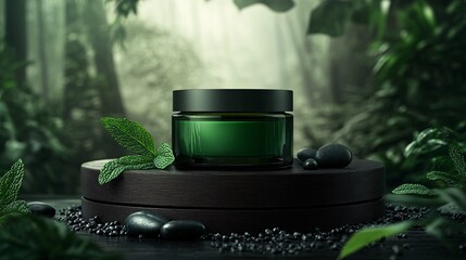 A striking, emerald green glass cosmetic jar is showcased on a platform of dark, rich wood, exuding a sense of luxury and nature combined. The jar features a clean white empty label and a matte black