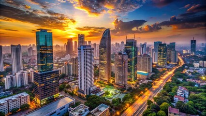 Fototapeta premium Aerial view of a modern Indian cityscape at sunset, with sleek skyscrapers, bustling streets, and vibrant commercial activity.