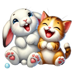 Obraz premium Friends Forever Clipart, Adorable Cute Bunny and Kitten Friends Forever