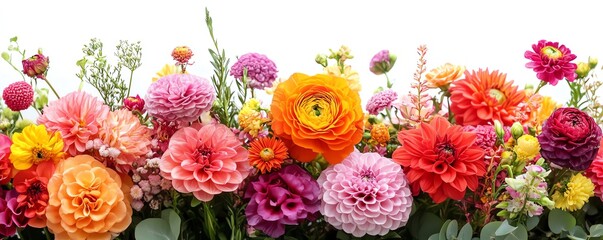 striking bouquet of flowers isolated on white, beautiful floral display, closeup photography, vivid colors