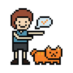 Fototapeta premium Cute pixel cartoon 8bit character man play with cat kitty kitten fun lifestyle decoration life style 8 bit male boy cat love owner exercise png vector.