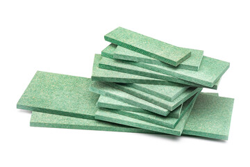 Piece of various HMR (High Moisture Resistance board) wood heap up on white background