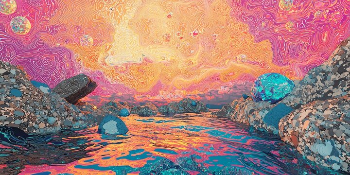 Quantum field theory landscape, virtual particle pop art, Feynman diagram composition, vacuum fluctuation still life