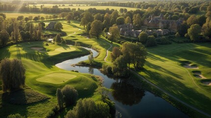 Fototapeta premium Aerial view of bunkers sand in golf court with putting green grass
