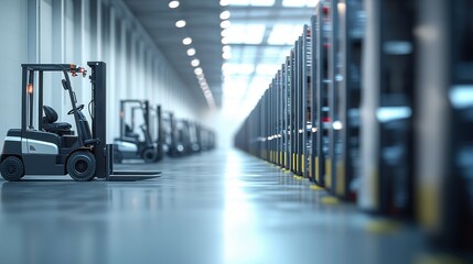 Modern warehouse with a line of forklifts ready for freight and logistics tasks