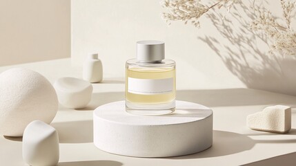 A minimalist, clear glass perfume bottle with a white empty label is placed on a smooth, white ceramic platform, creating a clean and contemporary look. The bottle features a matte silver cap that
