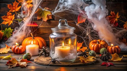 A festive glass apothecary jar filled with witches' brew of dry ice smoke, surrounded by spider webs, candles, and autumn leaves, evoking a spooky Halloween atmosphere.