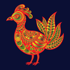 a bird drawing of a rooster with a red and gold pattern.