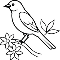 a black and white drawing of a bird with flowers and a bird.