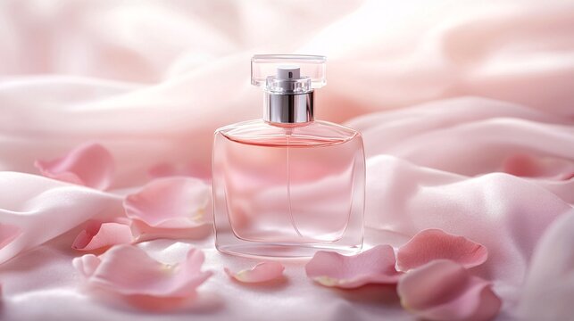 A frosted glass perfume bottle with a smooth white empty label is elegantly placed on a soft velvet surface, exuding a sense of softness and luxury. The bottle is topped with a brushed silver cap