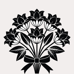 a black and white drawing of flowers with a ribbon on it