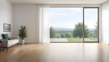 Obraz premium Empty room with large window overlooking a green outdoor landscape.