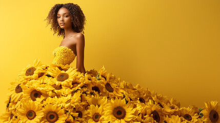 American black female model with a dress made with sunflowers on a yellow background
