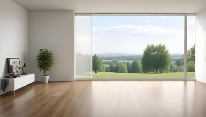 Obraz premium Empty room with large window overlooking a green outdoor landscape.