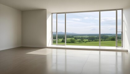Fototapeta premium Empty room with large window overlooking a green outdoor landscape.