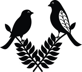 two birds are on a branch with a flower on it.