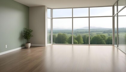 Empty room with large window overlooking a green outdoor landscape.