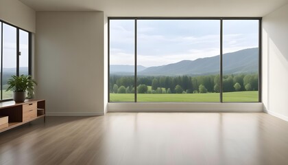 Fototapeta premium Empty room with large window overlooking a green outdoor landscape.