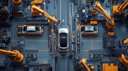 Image of a car assembly line with robotic arms dedicated to the production of state-of-the-art electric vehicles.