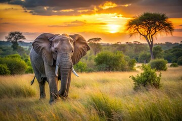 Obraz premium African elephant walks away into the sun-kissed savannah, its distinctive tail swishing behind, blending seamlessly into the wild grasslands of Kruger National Park, South Africa.