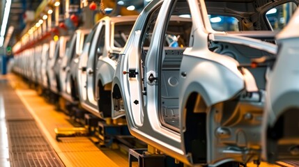 Fototapeta premium Image of a car assembly line with robotic arms dedicated to the production of state-of-the-art electric vehicles.
