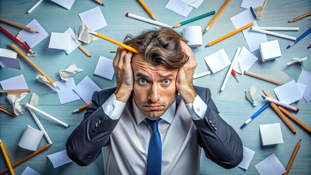 A frustrated person surrounded by scattered papers and broken pencils, conveying a sense of confusion and misinterpretation, highlighting the consequences of misinformation.