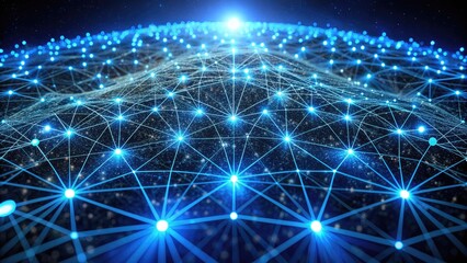 Fototapeta premium A futuristic concept of data management, visualized by a complex network of glowing blue lines and nodes, surrounding a central project hub on a dark background.