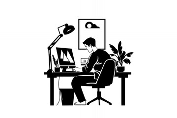 A person working at a desk with a computer, lamp, and plants in a minimalist setting.