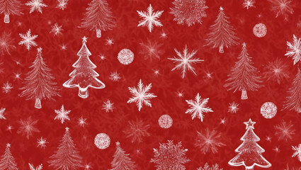 Seamless red Christmas themed paper with cartoon Christmas tree and snow for paper or textile