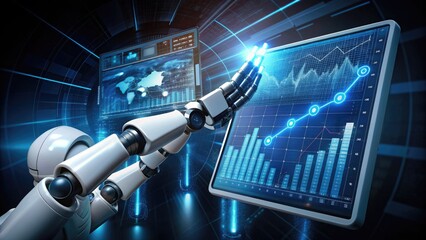 A futuristic robot hand holding a tablet with a chart showing increasing analytics, surrounded by coding screens and robotic arms, in a dark background.