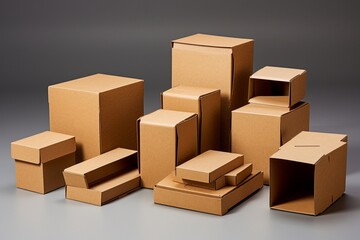 Set of brown cardboard mess boxes on grey background