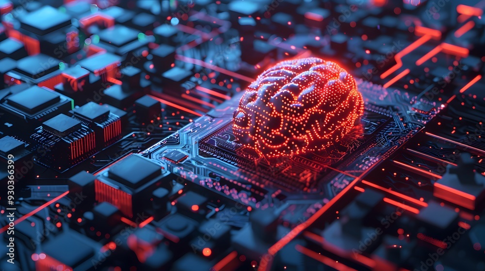 Poster a neuromorphic computing system with a focus on energy efficiency, showing a sleek, low-power setup 