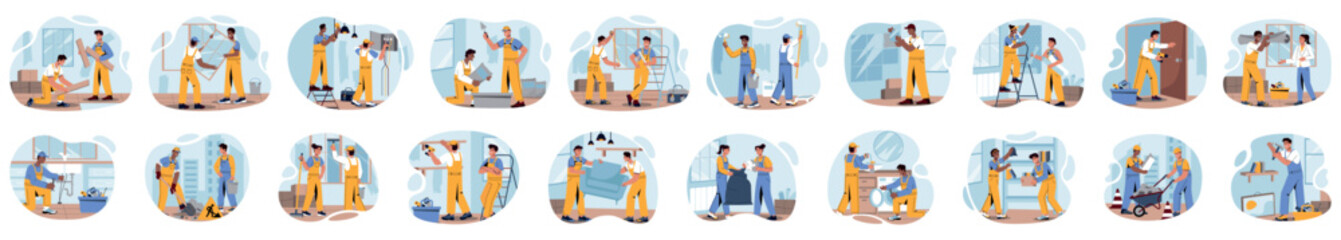 Bundle of construction works concepts with people scene in flat cartoon design. A huge collection of vivid illustrations depicting men and women doing construction work. Vector illustration.