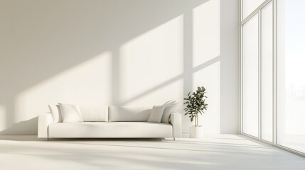 A minimalist white living room with a single couch and a large window, showcasing the calming effect of visual space.
