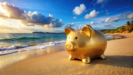 A golden piggy bank rests on a scenic beach with a serene ocean background, symbolizing a peaceful retirement funded by careful savings and investments.