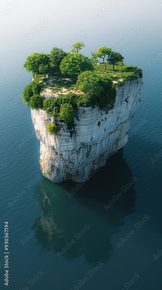 Poster Green trees on a cliff top island in the middle of the ocean.