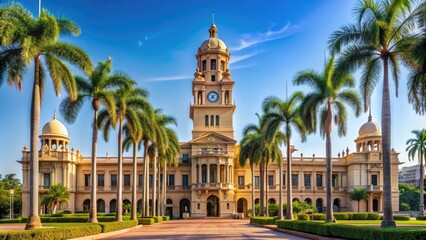 A grand, ornate government building with a majestic clock tower and palm trees, symbolizing the Ministry of Interior's authority and public services.