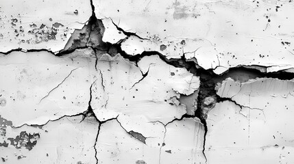 Fototapeta premium Cracked wall, black crack lines on white wall background. Old grunge cement texture surface destruction, earthquake effect, split fractured damaged concrete construction