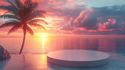3d rendering a podium pedestal product display on tropical sunset beach