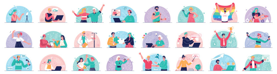 Mega set of colorful concepts with people scene in flat cartoon design. Illustrations cover life situation in many aspects with smiling men and women with a round background. Vector illustration.