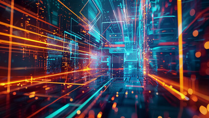 Fototapeta premium Futuristic Abstract Background Featuring a Blend of Virtual Environments, Augmented Reality Elements, and Immersive Interfaces, Vibrant and Dynamic