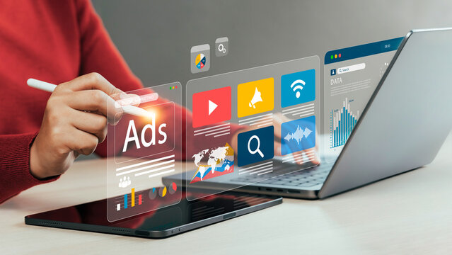 Online sales concept of digital marketing, ad, product ads, promotion of products or services through digital tools. Online advertising concept Internet advertising digital marketing Social media