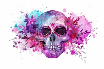 Fototapeta premium Day of the dead template. Watercolor mexican floral sugar skull with flower bouquet on white background. Lettering Dia de los muertos. Fiesta celebration, Halloween holiday poster, flyer, banner