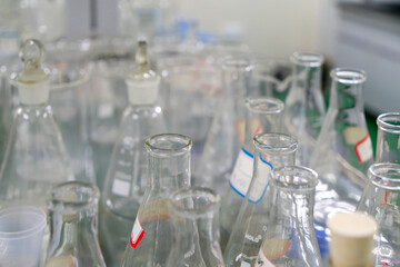 In the chemistry lab, scientists are doing chemical experiments with test tubes