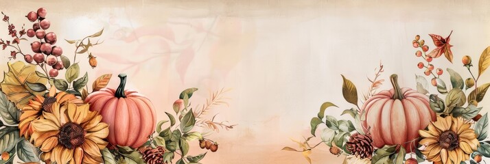 Fototapeta premium A Thanksgiving banner using soft pastel colors, creating a gentle and elegant aesthetic with subtle seasonal motifs