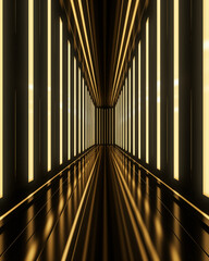 Golden background with glowing beam lines. Classic architecture, hallway, perspective view